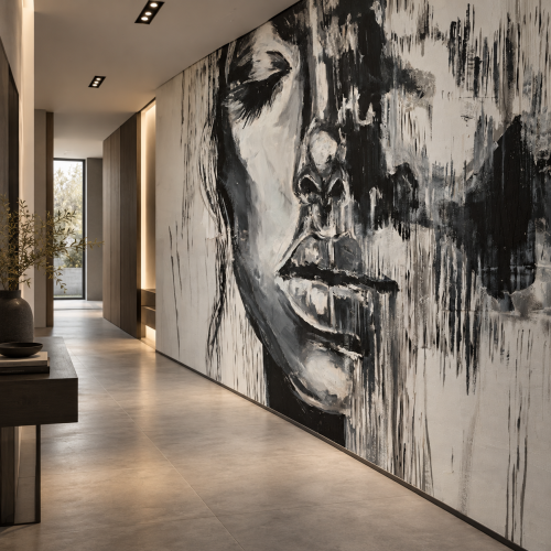 Monochromatyczny mural w nowoczesnym korytarzu.png