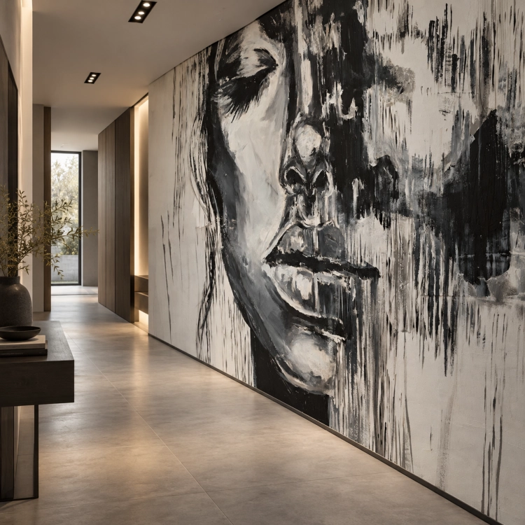 Monochromatyczny mural w nowoczesnym korytarzu.png