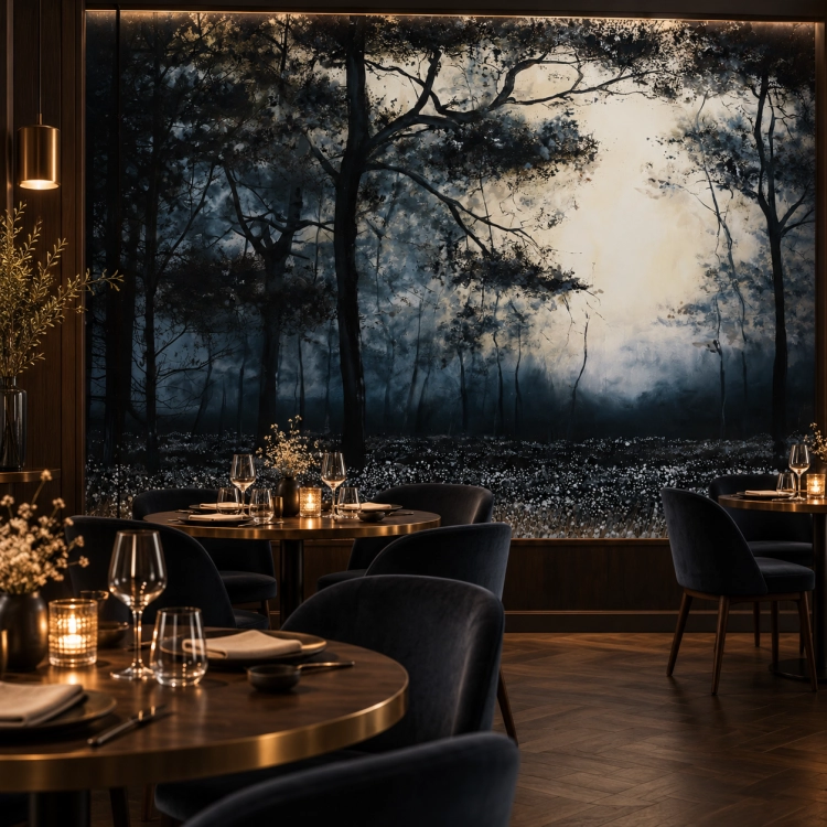Elegancka restauracja z leśnym muralem.png